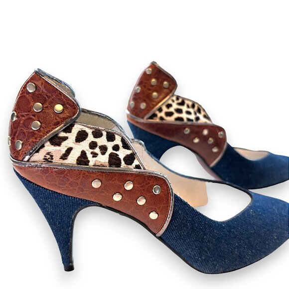 Vintage Leather, Denim & Cowhide Studded Boho Heels - Picture 2 of 12